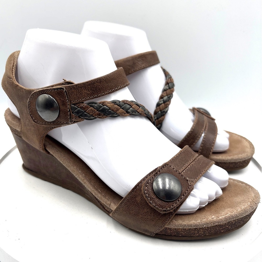 Aetrex Wedge Sandals Size 7.5-8 Brown Boho Braided Leather EW452W Comfort